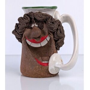 Vintage 3D Face Mug Talking on Telephone | Retro Ugly Face Pottery Cup